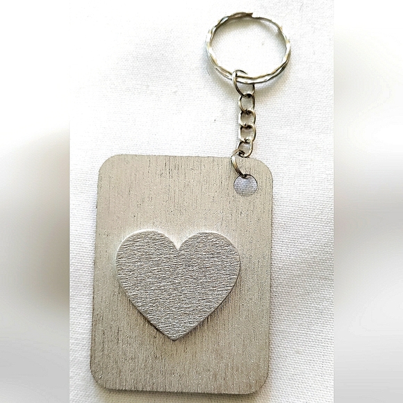 NEW Handmade Keychain Bag Tag! Hologram Geo. & Silver Wood Heart. Unisex. - Picture 7 of 8
